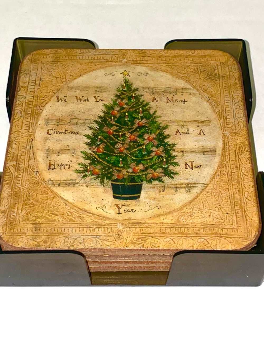 Pimpernel 6 Holiday Christmas Tree Cork Coasters. Green & Gold. Plastic Holder.